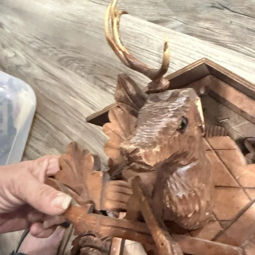 Vintage German Cuckoo Clock Black Forest Carved‎ Deer Hunter Rifles Wood Flaws